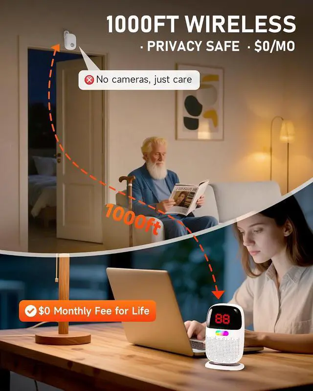 Alt view image 5 of 7 - Bed Alarms for Elderly Dementia Patients - Digital Sensor ID Display & Clip-On Caregiver Pager, Wirelss 1000ft Range, No Month Fee, Motion Sensors for Fall & Room Exit Alerts