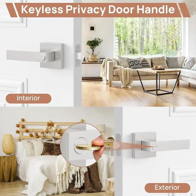 Alt view image 4 of 7 - Brushed Nickel Door Handles Interior, Door Knobs for Bedrooms, Heavy Duty Privacy Door Levers, Waterproof Zinc Alloy Bathroom Door Handle for Left & Right Handled Doors (4 Pack)