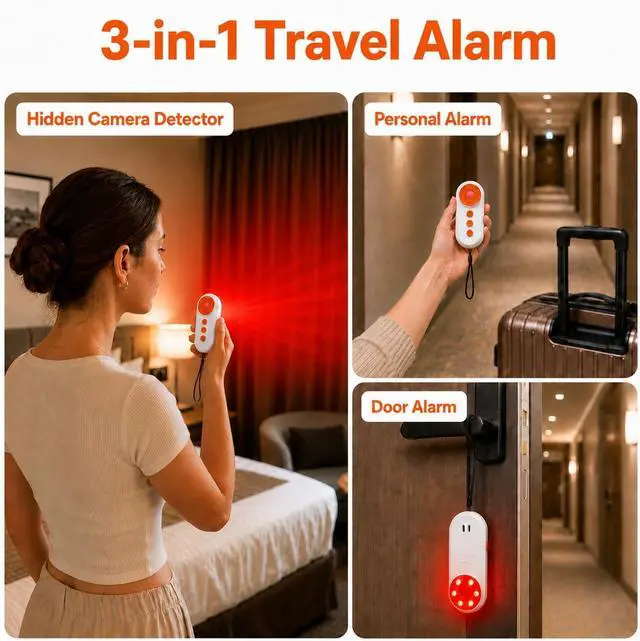 Alt view image 2 of 7 - 3-in-1 Hidden Camera Detector, 130dB Personal Alarm for Women, Red LED Lens Finder Light, Rechargeable SOS Alarm, Portable Door Alarm When Opened for Hotel, Dorm, Apartment and Travel