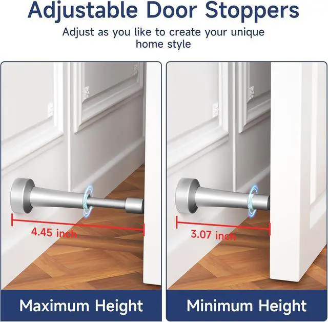 Alt view image 3 of 6 - 5Pcs Adjustable Door Stopper, 3.07-4.45in Aluminum Door Stoppers for Bottom of Door, Silver Door Stops for Wall with Silicone Tip, Screw & Adhesive Installation