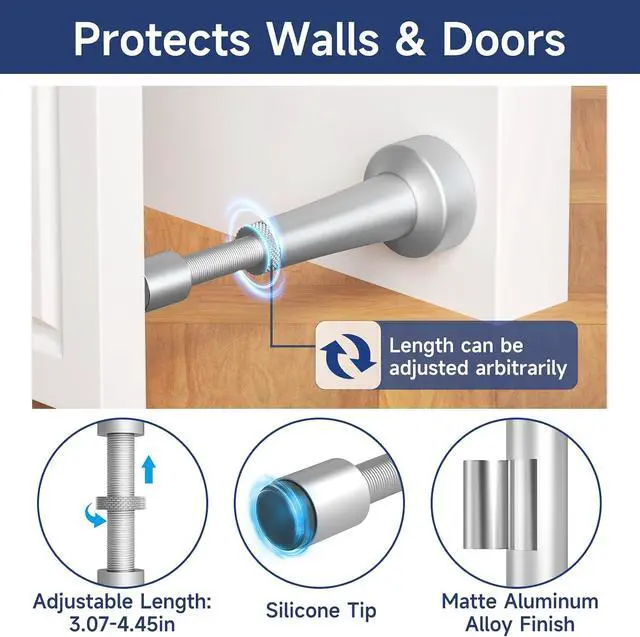 Alt view image 5 of 6 - 5Pcs Adjustable Door Stopper, 3.07-4.45in Aluminum Door Stoppers for Bottom of Door, Silver Door Stops for Wall with Silicone Tip, Screw & Adhesive Installation