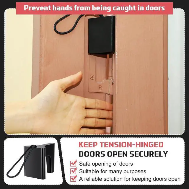 Alt view image 3 of 7 - 10 Pcs Over the Hinge Door Stopper Plastic Residential Door Holder for Office School Home Commercial Use Hospitals Hotels, Safe and Anti Pinch Design, Can Fix Tension Hinged Doors (Black)
