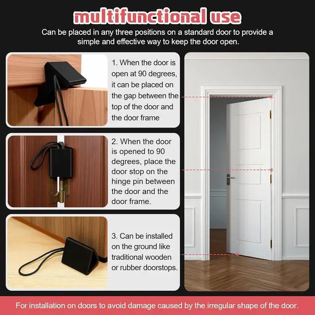 Alt view image 4 of 7 - 10 Pcs Over the Hinge Door Stopper Plastic Residential Door Holder for Office School Home Commercial Use Hospitals Hotels, Safe and Anti Pinch Design, Can Fix Tension Hinged Doors (Black)