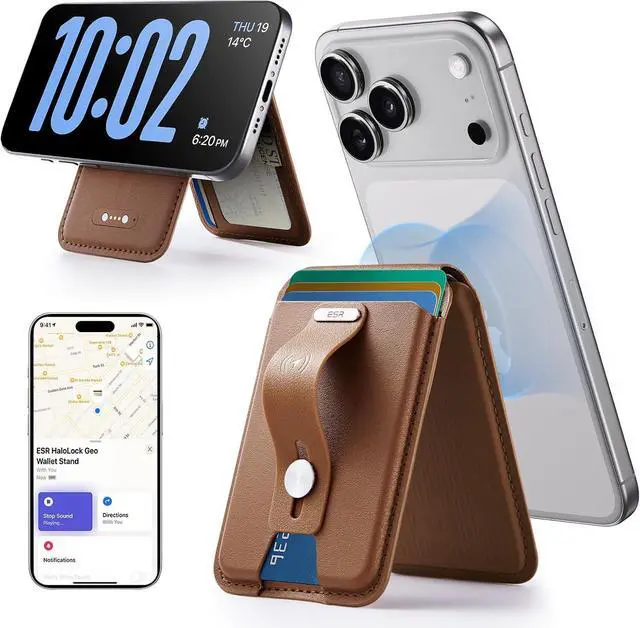 Main image of Geo for Magsafe Wallet with Full Find My Functionality,5 Card Holder Stand Grip for Phone Case, RFID Blocking, Magnetic Wallet for iPhone 17e/17/16/15/14/13/12 Series, with Adjustable Stand, Brown