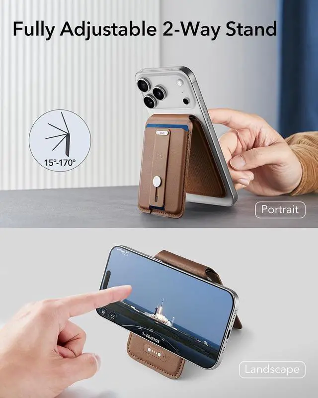 Alt view image 6 of 7 - Geo for Magsafe Wallet with Full Find My Functionality,5 Card Holder Stand Grip for Phone Case, RFID Blocking, Magnetic Wallet for iPhone 17e/17/16/15/14/13/12 Series, with Adjustable Stand, Brown