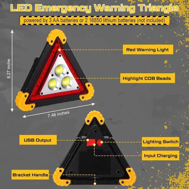 Alt view image 3 of 6 - LED Emergency Warning Triangle, Rechargeable Portable Flashing LED Warning Triangle Light with 4 Modes, Safety Hazard Light for Car Truck RV Vehicle Roadside, Batteries Not Included(3 Pack)