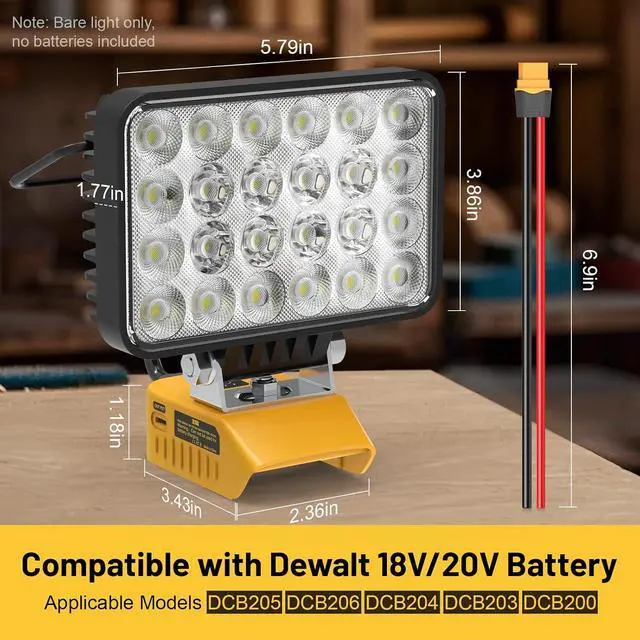 Alt view image 2 of 7 - 7200LM LED Work Light Compatible with Dewalt 20V Battery, 72W Cordless Floodlight for 2 USB 1 Type-C Port, Upgraded LED Adjustable 140° Low Voltage Protection for Camping Workshop Emergency