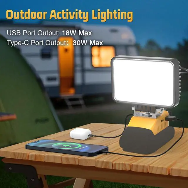 Alt view image 3 of 7 - 7200LM LED Work Light Compatible with Dewalt 20V Battery, 72W Cordless Floodlight for 2 USB 1 Type-C Port, Upgraded LED Adjustable 140° Low Voltage Protection for Camping Workshop Emergency
