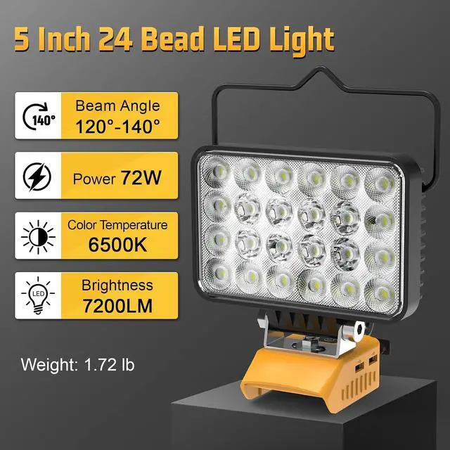 Alt view image 5 of 7 - 7200LM LED Work Light Compatible with Dewalt 20V Battery, 72W Cordless Floodlight for 2 USB 1 Type-C Port, Upgraded LED Adjustable 140° Low Voltage Protection for Camping Workshop Emergency