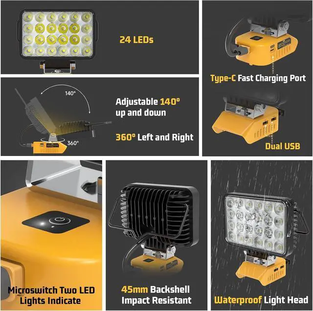 Alt view image 6 of 7 - 7200LM LED Work Light Compatible with Dewalt 20V Battery, 72W Cordless Floodlight for 2 USB 1 Type-C Port, Upgraded LED Adjustable 140° Low Voltage Protection for Camping Workshop Emergency