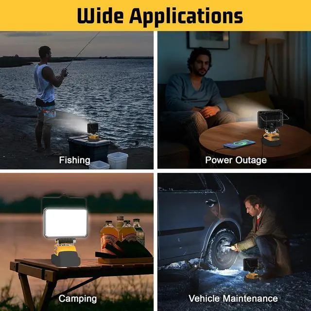 Alt view image 7 of 7 - 7200LM LED Work Light Compatible with Dewalt 20V Battery, 72W Cordless Floodlight for 2 USB 1 Type-C Port, Upgraded LED Adjustable 140° Low Voltage Protection for Camping Workshop Emergency