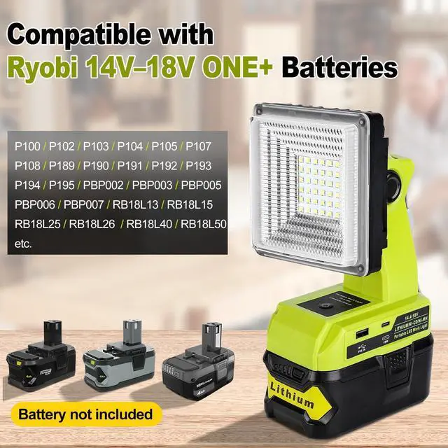 Alt view image 2 of 7 - Work Light Compatible with Ryobi 18V Battery, 15W Light Cordless Portable Jobsite with USB Charging Port, 1800LM Outdoor Rechargeable LED Floodlight for Car Repair, Camping, Hiking
