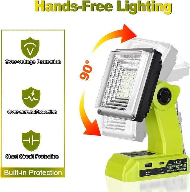 Alt view image 4 of 7 - Work Light Compatible with Ryobi 18V Battery, 15W Light Cordless Portable Jobsite with USB Charging Port, 1800LM Outdoor Rechargeable LED Floodlight for Car Repair, Camping, Hiking