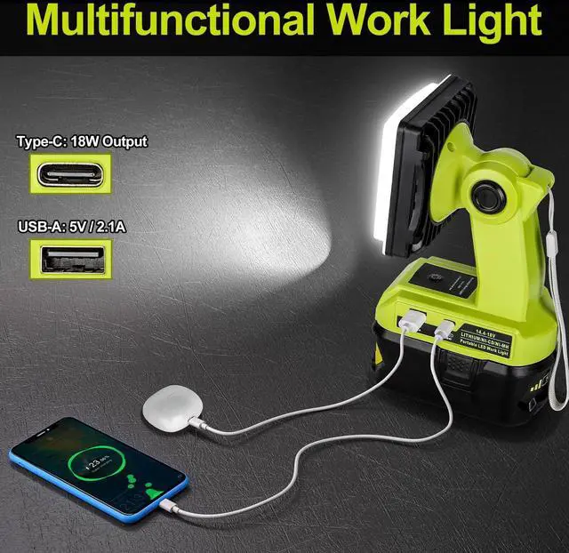 Alt view image 5 of 7 - Work Light Compatible with Ryobi 18V Battery, 15W Light Cordless Portable Jobsite with USB Charging Port, 1800LM Outdoor Rechargeable LED Floodlight for Car Repair, Camping, Hiking