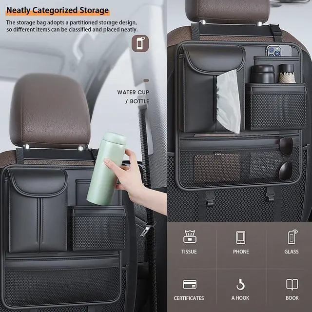 Alt view image 4 of 7 - Backseat Car Organizer,5 Storage Pocketscar Seat Organizer,Car Storage Organizer with Foldable Food Tray,Car Seat Back Protectors Kick Mats Travel Accessories
