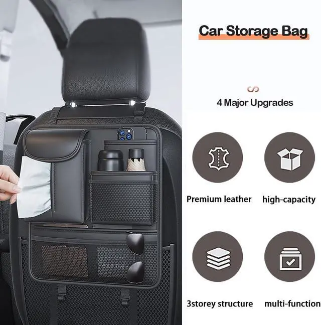 Alt view image 7 of 7 - Backseat Car Organizer,5 Storage Pocketscar Seat Organizer,Car Storage Organizer with Foldable Food Tray,Car Seat Back Protectors Kick Mats Travel Accessories
