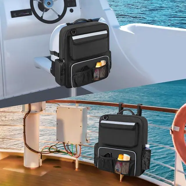 Alt view image 7 of 7 - Boat Organizers and Storage, Boat Back Seat Carrying Bag with Rubber Handle and Adjustable Back Belt, Multiple Pockets for Boat Accessories, Black
