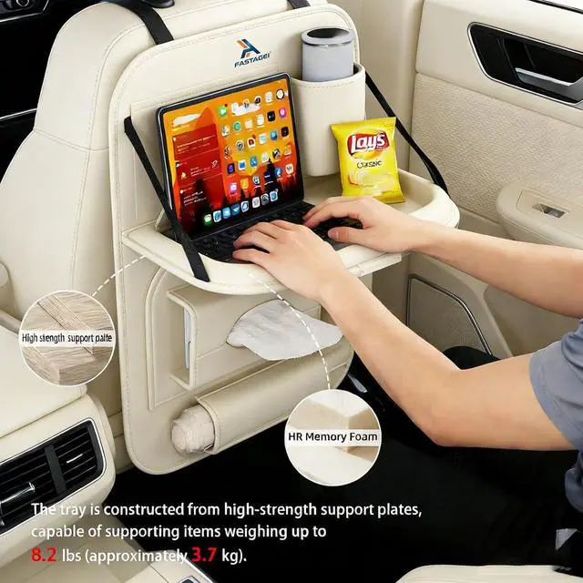 Alt view image 2 of 7 - Universal Premium Leather Foldable Car Backseat Organizer with Table Tray, Car Seat Back Protector with Garbage Bag Touch Screen Pad Holder, Car Kick Mats Protector with Tissue Holder (Beige)