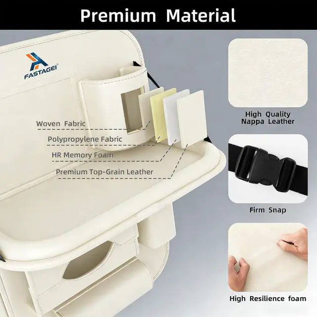 Alt view image 4 of 7 - Universal Premium Leather Foldable Car Backseat Organizer with Table Tray, Car Seat Back Protector with Garbage Bag Touch Screen Pad Holder, Car Kick Mats Protector with Tissue Holder (Beige)