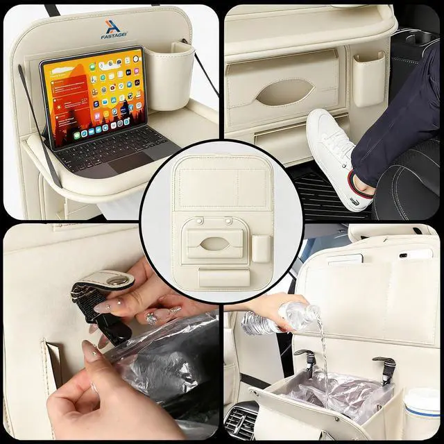 Alt view image 5 of 7 - Universal Premium Leather Foldable Car Backseat Organizer with Table Tray, Car Seat Back Protector with Garbage Bag Touch Screen Pad Holder, Car Kick Mats Protector with Tissue Holder (Beige)