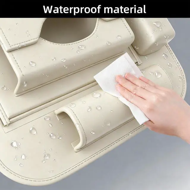 Alt view image 6 of 7 - Universal Premium Leather Foldable Car Backseat Organizer with Table Tray, Car Seat Back Protector with Garbage Bag Touch Screen Pad Holder, Car Kick Mats Protector with Tissue Holder (Beige)