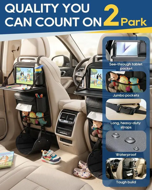 Alt view image 4 of 7 - 4PACK Leather Car Backseat Organizer with Foldable Table Tray, 6 Storage Pockets Back Protectors Foot Rests, Universal Backseat Car Organizer for Pets and family Road Trip(Black)