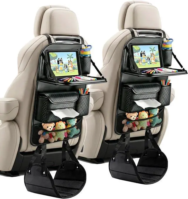 Main image of 4PACK Leather Car Backseat Organizer with Foldable Table Tray, 6 Storage Pockets Back Protectors Foot Rests, Universal Backseat Car Organizer for Pets and family Road Trip(Black)