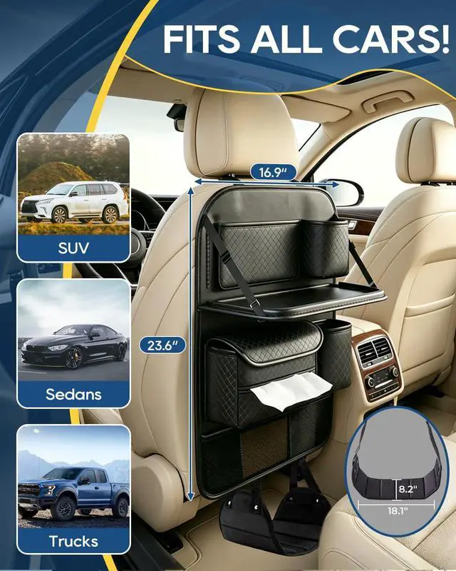 Alt view image 2 of 7 - 4PACK Leather Car Backseat Organizer with Foldable Table Tray, 6 Storage Pockets Back Protectors Foot Rests, Universal Backseat Car Organizer for Pets and family Road Trip(Black)