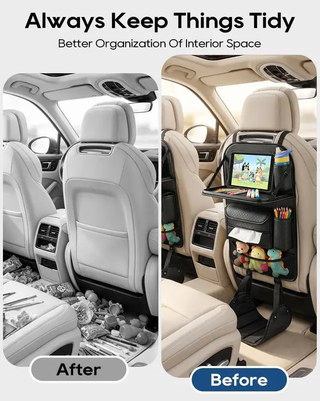 Alt view image 3 of 7 - 4PACK Leather Car Backseat Organizer with Foldable Table Tray, 6 Storage Pockets Back Protectors Foot Rests, Universal Backseat Car Organizer for Pets and family Road Trip(Black)