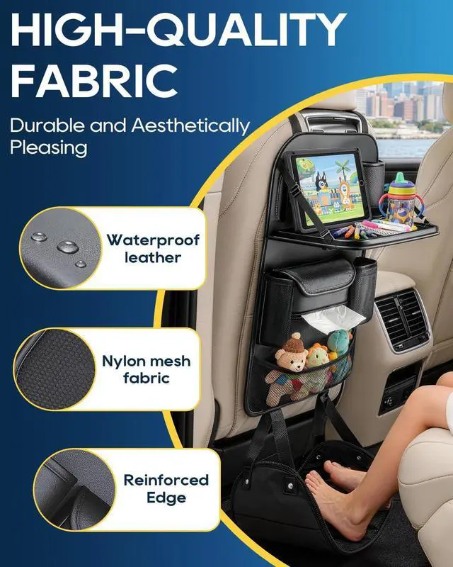 Alt view image 6 of 7 - 4PACK Leather Car Backseat Organizer with Foldable Table Tray, 6 Storage Pockets Back Protectors Foot Rests, Universal Backseat Car Organizer for Pets and family Road Trip(Black)