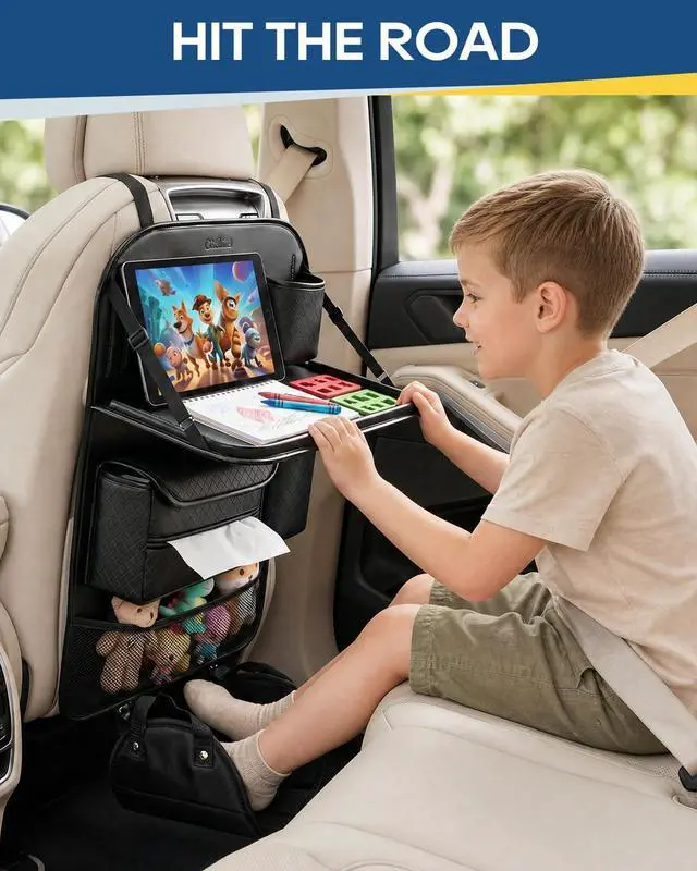 Alt view image 7 of 7 - 4PACK Leather Car Backseat Organizer with Foldable Table Tray, 6 Storage Pockets Back Protectors Foot Rests, Universal Backseat Car Organizer for Pets and family Road Trip(Black)