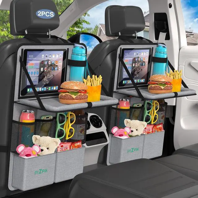 Main image of Car Backseat Organizer with Tablet Holder,11 Storage Pockets with Foldable Food Tray, Protector Kick Mats for Kids, Travel Accessories Organizer (Gray, 2Pack with Food Tray)