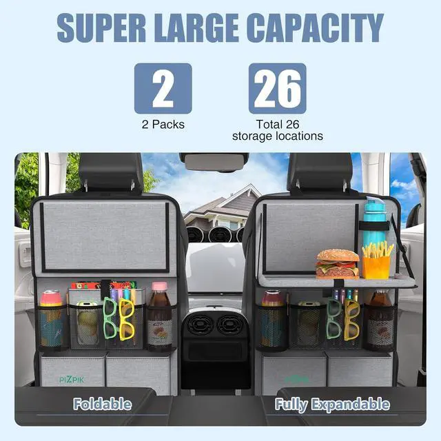 Alt view image 2 of 7 - Car Backseat Organizer with Tablet Holder,11 Storage Pockets with Foldable Food Tray, Protector Kick Mats for Kids, Travel Accessories Organizer (Gray, 2Pack with Food Tray)