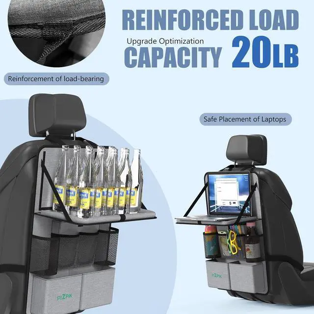 Alt view image 3 of 7 - Car Backseat Organizer with Tablet Holder,11 Storage Pockets with Foldable Food Tray, Protector Kick Mats for Kids, Travel Accessories Organizer (Gray, 2Pack with Food Tray)