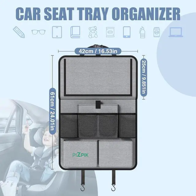 Alt view image 7 of 7 - Car Backseat Organizer with Tablet Holder,11 Storage Pockets with Foldable Food Tray, Protector Kick Mats for Kids, Travel Accessories Organizer (Gray, 2Pack with Food Tray)