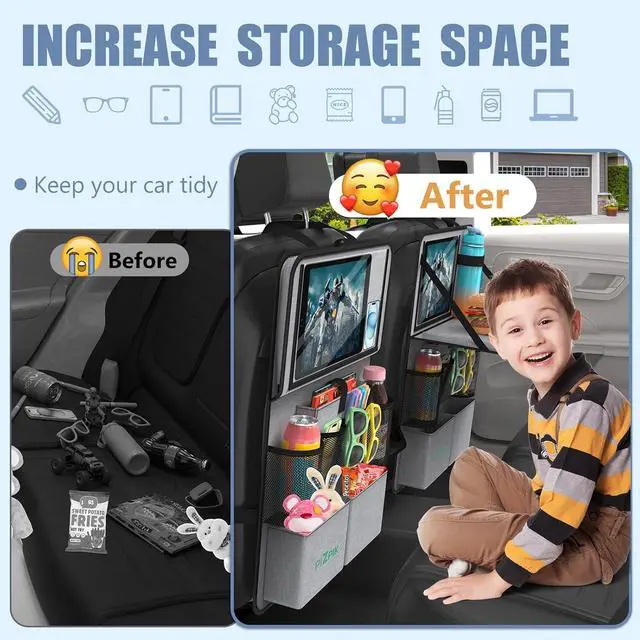 Alt view image 4 of 7 - Car Backseat Organizer with Tablet Holder,11 Storage Pockets with Foldable Food Tray, Protector Kick Mats for Kids, Travel Accessories Organizer (Gray, 2Pack with Food Tray)
