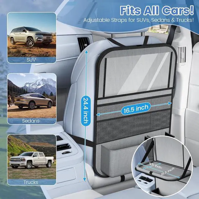 Alt view image 2 of 7 - 2PACK-Car Backseat Organizer with Touch Screen Tablet Holder,9 Storage Pockets Storage Organizer with Foldable Food Tray, Protector Kick Mats for Kids, Travel Accessories Organizer (Grey)