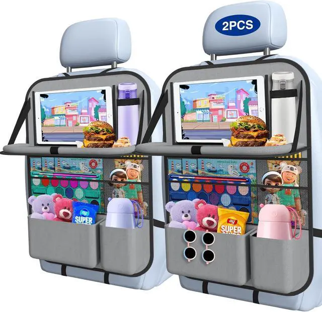 Main image of 2PACK-Car Backseat Organizer with Touch Screen Tablet Holder,9 Storage Pockets Storage Organizer with Foldable Food Tray, Protector Kick Mats for Kids, Travel Accessories Organizer (Grey)