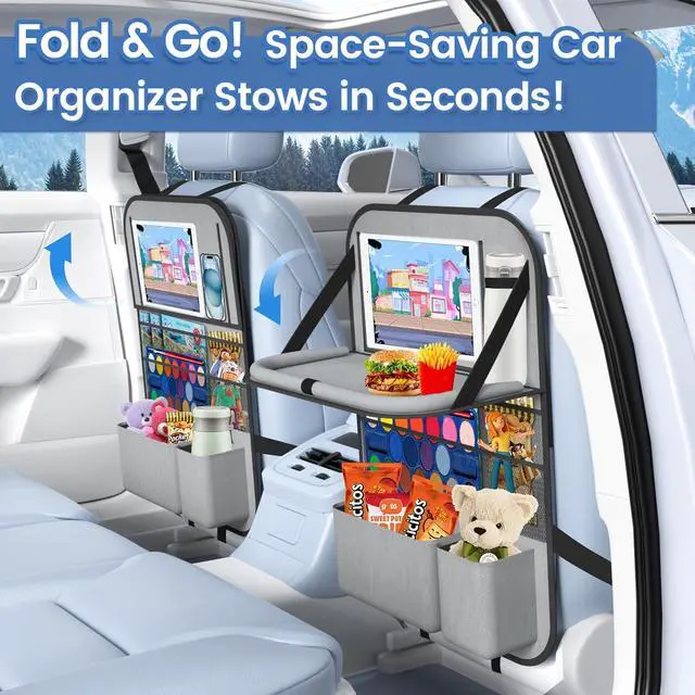 Alt view image 3 of 7 - 2PACK-Car Backseat Organizer with Touch Screen Tablet Holder,9 Storage Pockets Storage Organizer with Foldable Food Tray, Protector Kick Mats for Kids, Travel Accessories Organizer (Grey)
