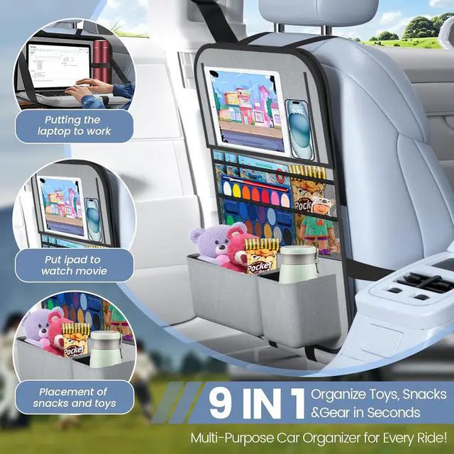 Alt view image 4 of 7 - 2PACK-Car Backseat Organizer with Touch Screen Tablet Holder,9 Storage Pockets Storage Organizer with Foldable Food Tray, Protector Kick Mats for Kids, Travel Accessories Organizer (Grey)