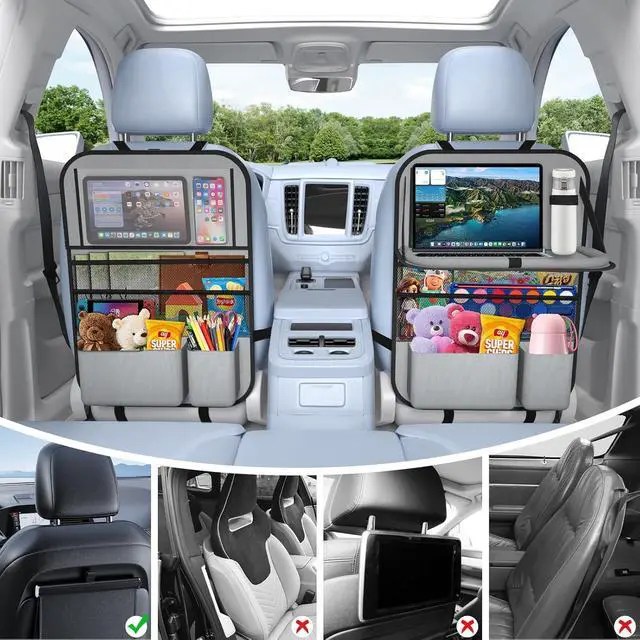 Alt view image 6 of 7 - 2PACK-Car Backseat Organizer with Touch Screen Tablet Holder,9 Storage Pockets Storage Organizer with Foldable Food Tray, Protector Kick Mats for Kids, Travel Accessories Organizer (Grey)