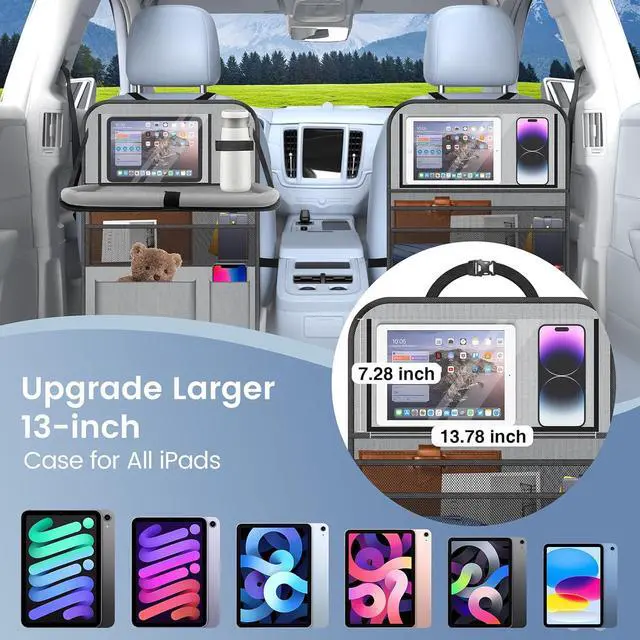 Alt view image 5 of 7 - 2PACK-Car Backseat Organizer with Touch Screen Tablet Holder,9 Storage Pockets Storage Organizer with Foldable Food Tray, Protector Kick Mats for Kids, Travel Accessories Organizer (Grey)