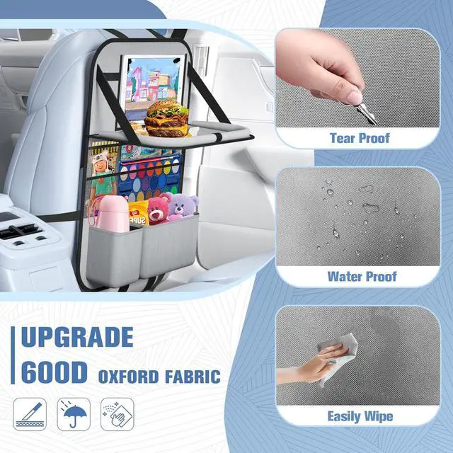 Alt view image 7 of 7 - 2PACK-Car Backseat Organizer with Touch Screen Tablet Holder,9 Storage Pockets Storage Organizer with Foldable Food Tray, Protector Kick Mats for Kids, Travel Accessories Organizer (Grey)