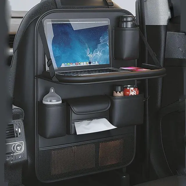 Main image of 2 Pack Leather Car Backseat Organizer with Foldable Table Tray, Universal Car Seat Back Protector Kick Mat with Touchscreen Tablet Holder, Storage Pockets, Cup Holders & Tissue Holder, Black