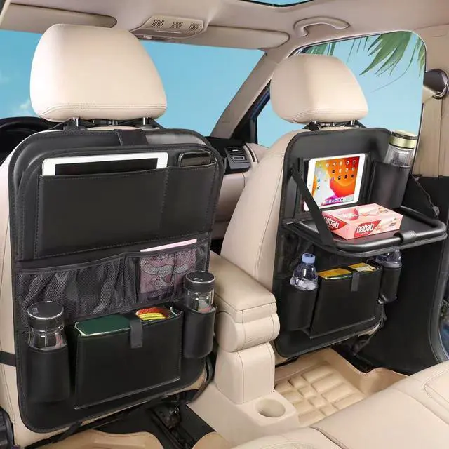 Main image of 2PACK Leather Car Backseat Organizer with Tablet Holder - 9 Large Storage Pockets, Foldable Food Tray & Anti-Scratch Kick Mats - Universal Car Seat Protector for Kids, Pets & Travel Accessories