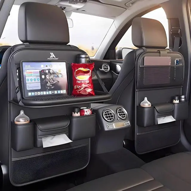 Main image of 2 Pack Universal Foldable Car Backseat Organizer with Table Tray, Car Seat Back Protector with Touch Screen Phone Holder, Premium Leather Kick Mats with Storage Pockets Tissue Box (Black)