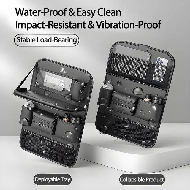 Alt view image 3 of 7 - 2 Pack Universal Foldable Car Backseat Organizer with Table Tray, Car Seat Back Protector with Touch Screen Phone Holder, Premium Leather Kick Mats with Storage Pockets Tissue Box (Black)