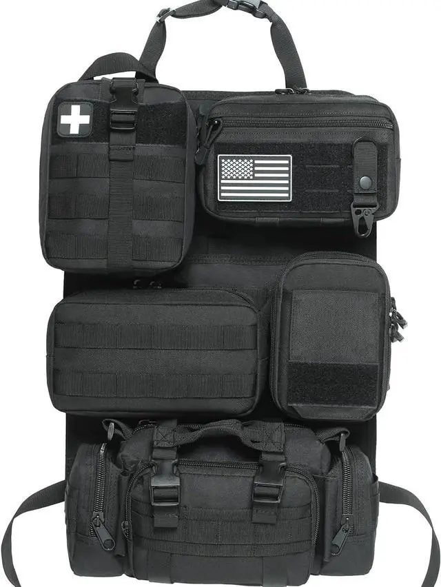 Main image of 6 Pack Tactical Molle Car Seat Back Organizer,Backseat Organizer for Man | Tactical Vehicle Panel Organizer with 5 Detachable Molle Pouch,US Flag Patch and Keychain,Great Trunk Accessories