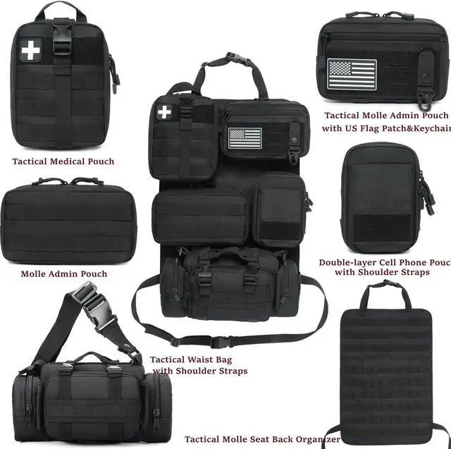 Alt view image 3 of 6 - 6 Pack Tactical Molle Car Seat Back Organizer,Backseat Organizer for Man | Tactical Vehicle Panel Organizer with 5 Detachable Molle Pouch,US Flag Patch and Keychain,Great Trunk Accessories