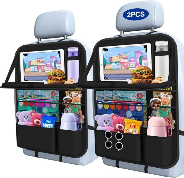 Main image of Car Backseat Organizer with Table Tray(2-Pack) 9 Storage Pockets Backseat Car Organizer and storage with Tablet Holder, Kick Mats Back Seat Cover for Kids family Road Trip Essentials Travel